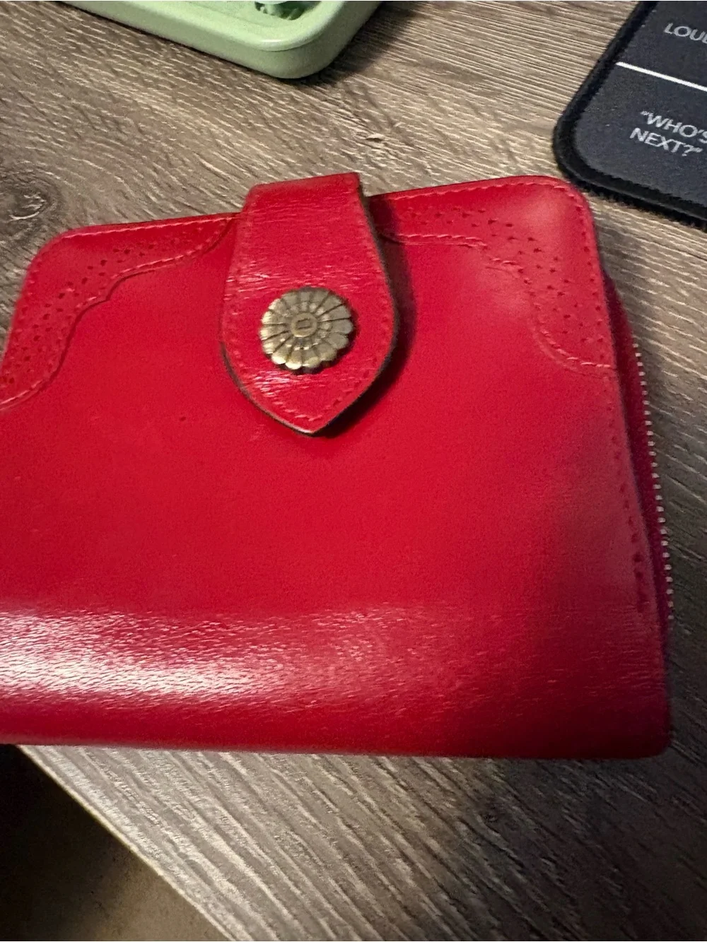 Bostonian Red Leather Women's Snap Wallet with Floral Button